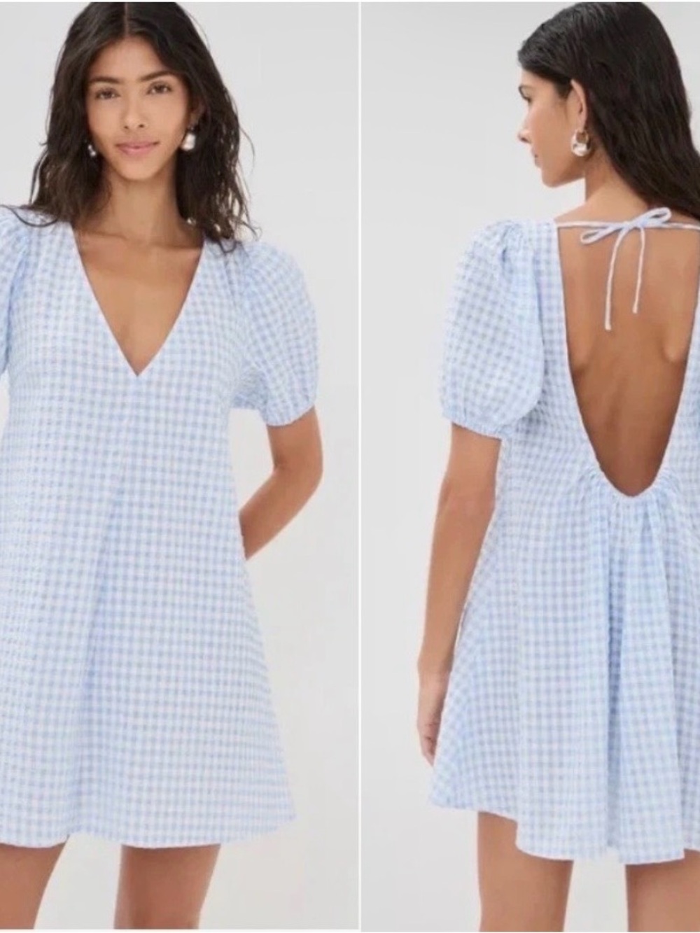 STAUD Marsh Mini Dress Sky Gingham V-Neck with Open Back Tie Size M NWT